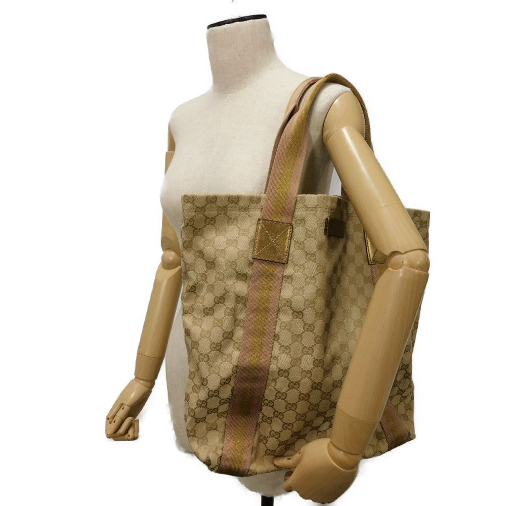 Used GG Canvas Tote Bag, Size 9539, 189669, 7924, A4 Cotton Calfskin, Light Pink Gold Logo Embossed, Beige, Women's