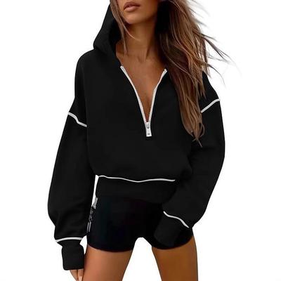 Kadın Crop Kapüşonlu Sweatshirt - Uzun Kollu Yarım Fermuarlı Hoodie, Kış Modası