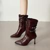 Fall Winter Women Pointed Toe Stiletto Heel Rivet Belt Buckle Side Zipper Non-Slip High Heels 2026 New Booties