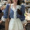 Women's Checkered Shirt Loose V-neck Lace Patchwork Design Famale Puff Sleeve Blouse Spring Summer Daily Fashion Ladies Pullover Top