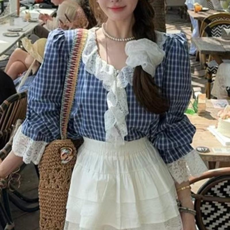 Women's Checkered Shirt Loose V-neck Lace Patchwork Design Famale Puff Sleeve Blouse Spring Summer Daily Fashion Ladies Pullover Top