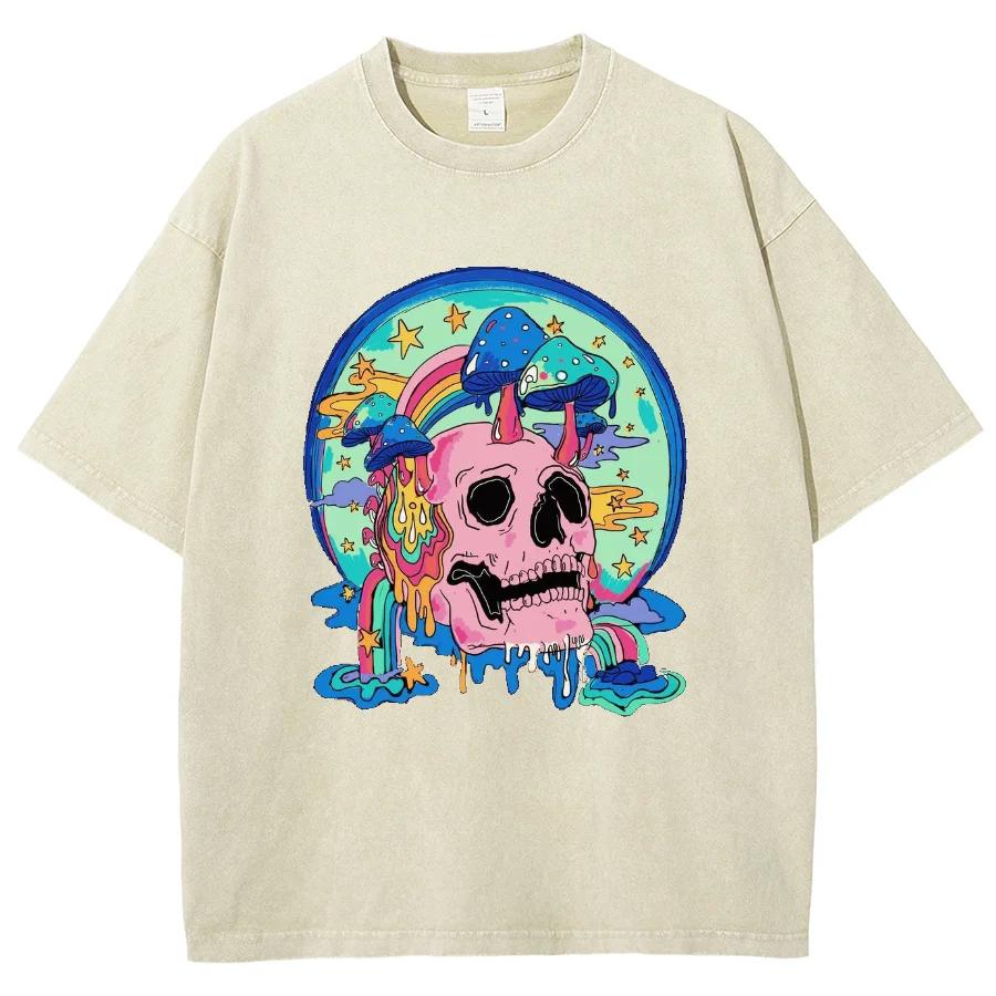 Funny Skull Print Ladies T-Shirt Unisex Wash Loose Oversized Short Sleeve Street Top Tee Summer