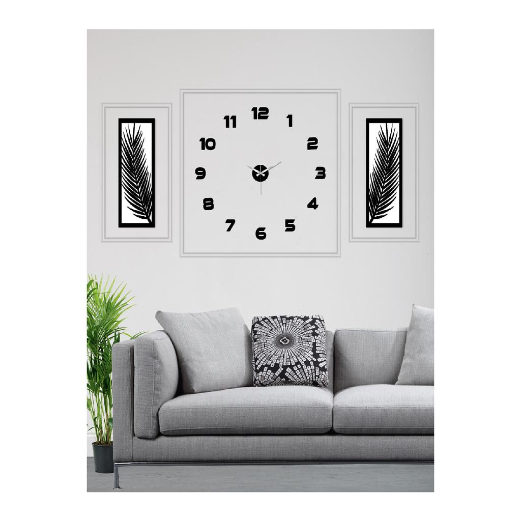 3 Piece Wall Clock Set, Acrylic Plexiglass Mirrored Palm Leaves And Roman R. Clock