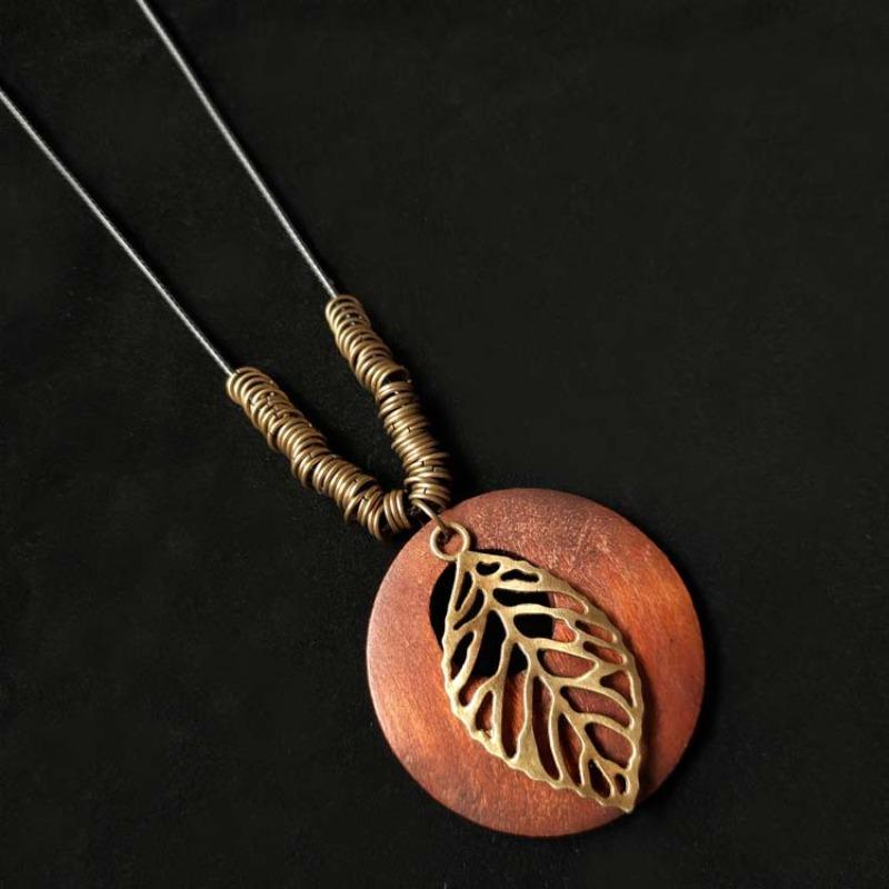 Retro Cotton and Linen Accessories Ethnic Style Wooden Long Women's Sweater Chain Alloy Leaf Necklace