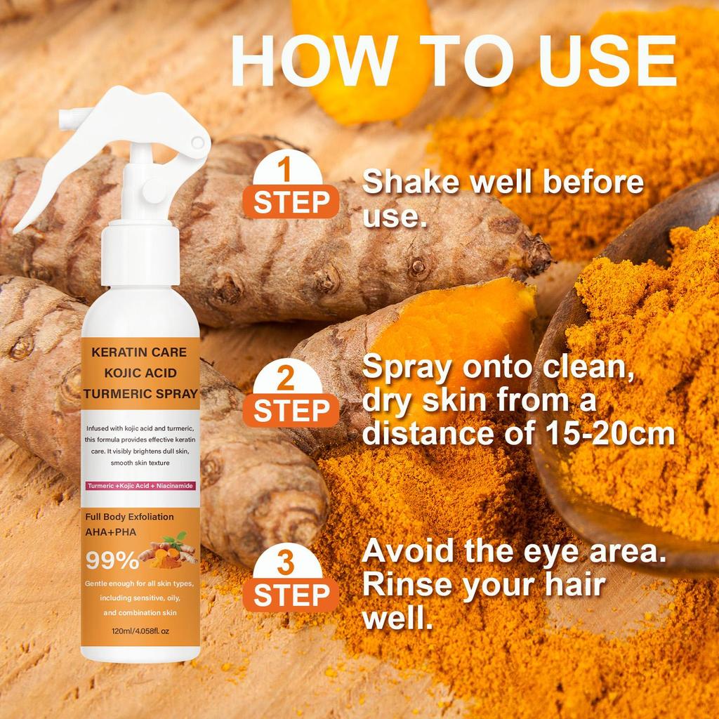 KERATIN CARE KOJIC ACID TURMERIC SPRAY-Exfoliate And Cleanse The Skin-Brighthen Dull Skin-Gentle Enough For All Skin Types, 120ml