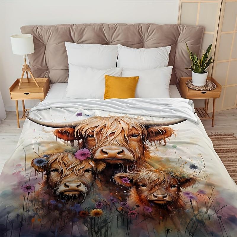 Highland Cow Shaggy Cattle Animal Print Art Blanket - Soft All-Season Multi-Purpose Throw for Couch, Bed, Office, Travel & Gift