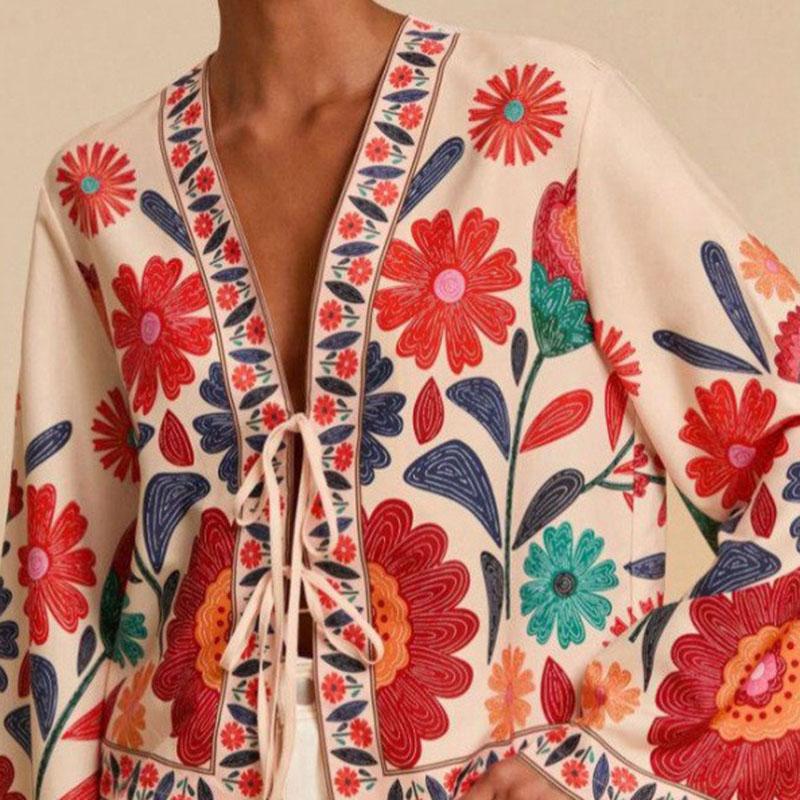Bohemian Vintage Large Floral Print Tie Front Cardigan Women Fall Long Sleeve V-Neck Open Front Romantic Lazy Style Layering Piece