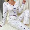 Yousheng Women Lace Trim Pajama Set Long Sleeve V-Neck Front Button Tops Full-Length Pants Sleepwear Nightwear