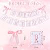 Oudain Pink and White Bow Happy Birthday Banner Garland Pink Bow Birthday Party Decorations Coquette Scalloped Embroidered First Party Cake Smash