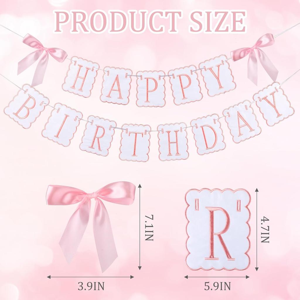 Oudain Pink and White Bow Happy Birthday Banner Garland Pink Bow Birthday Party Decorations Coquette Scalloped Embroidered First Party Cake Smash