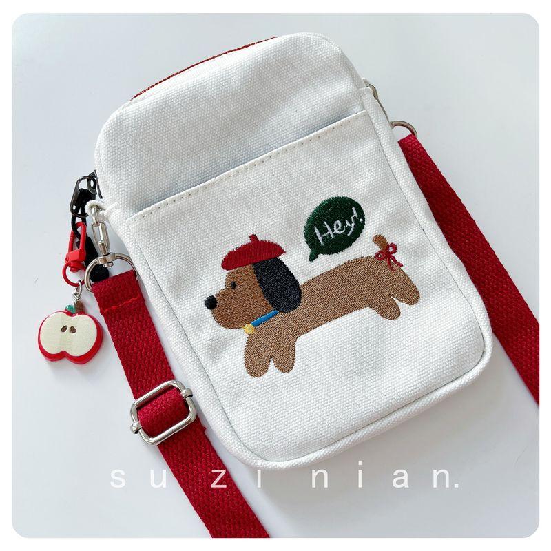 

Сумка для мобильного телефона из нового холста в японском стиле, дикая тканевая сумка для девочек, мини-сумка через плечо, милый кошелек на молнии для монет Red Hat Puppy + Small Apple