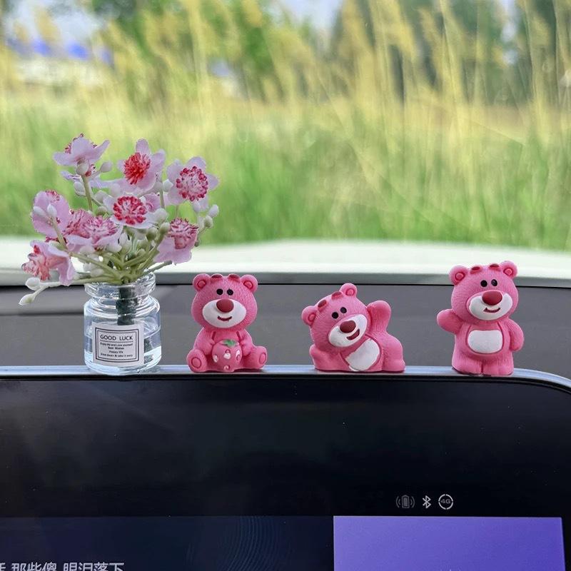 Car ornament cute strawberry bear central control screen decompression little doll car interior decoration new internet famous