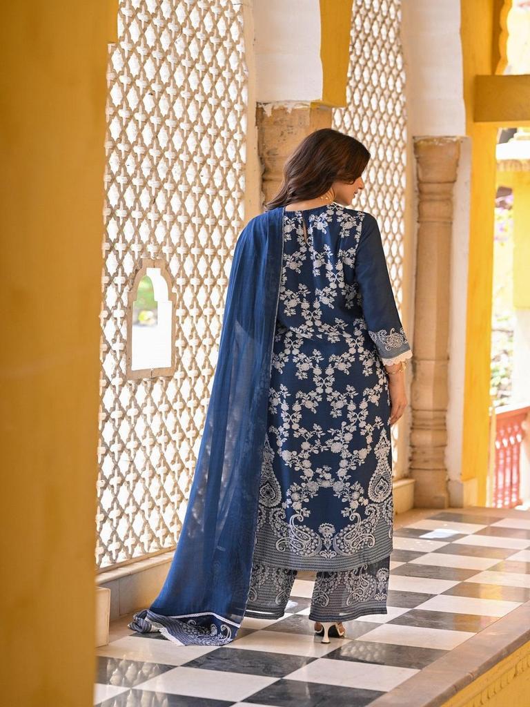 Women Blue Kurta Set with Dupatta Printed Ethnic Suit Festive & Party Wear