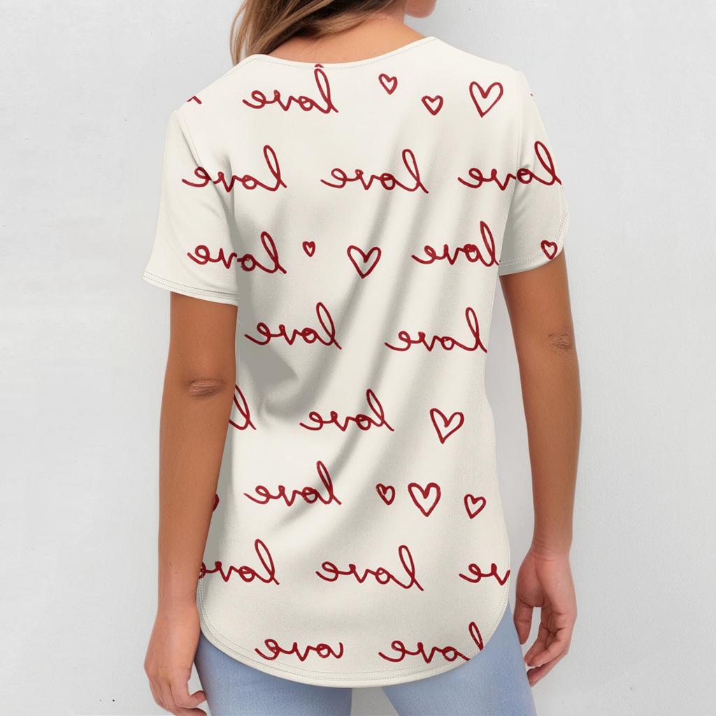 Women's V,neck Valentine's Day Printed Short,sleeved Pocket Side,slit Protective Suit Top