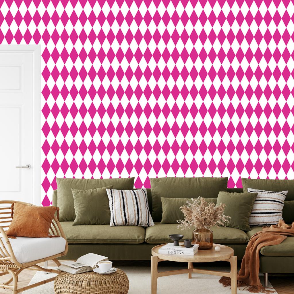 Harlequin Rhombus Wallpaper, purple and white, powder pink background, 50x1000
