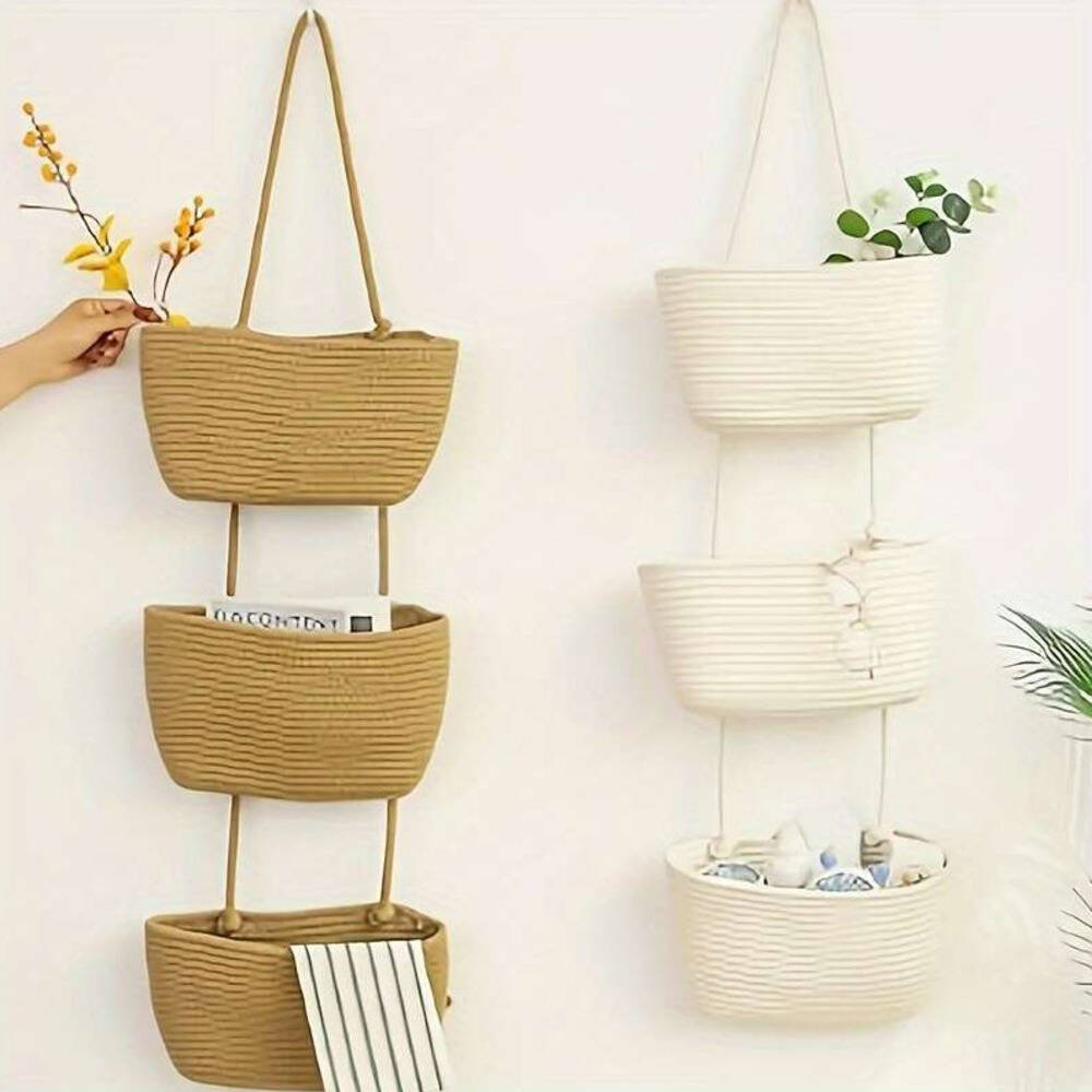 3-tier Rope Woven Fabric Basket, Boho Style, Over The Door, Decorative Starage For Living Room, Bathroom Shelf Baskets