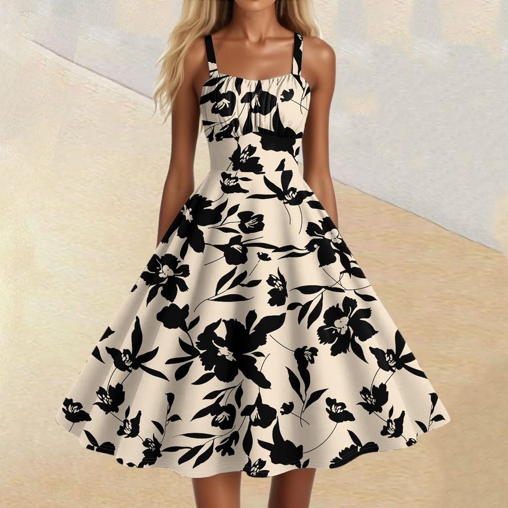 Vestidos Femininos Vintage Sem Mangas Plissados Patchwork Fofos Bainha A-Line Estampa Floral