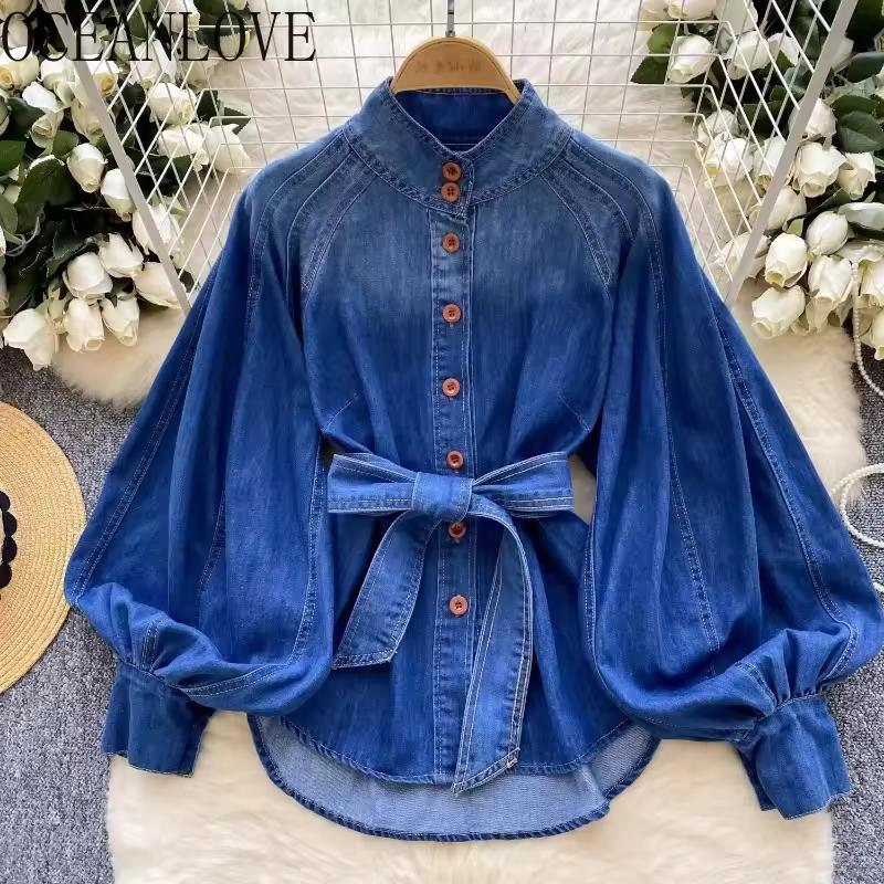 Denim Hemden&Blusen Damen Oberteile Herbst Frühling Laternenärmel Retro Einfarbig Stehkragen Bindegürtel Schick Camisas
