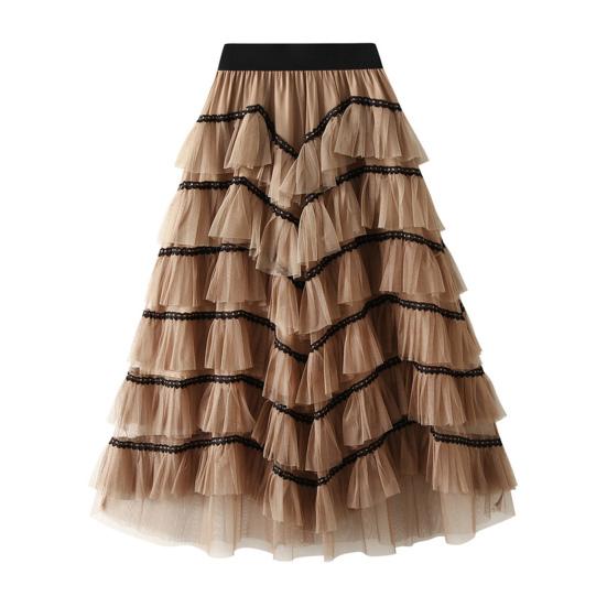 Women Skirt High Waist A-line Big Swing Ruffle Contrast Color Scattered Hem Pleated Patchwork Princess Style Elastic Waist Ankle Length Maxi Skirt