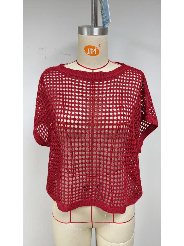 2025 Summer Women's Five-Sleeve Sexy Cutout Knit Beach Cover-Up Sweater
