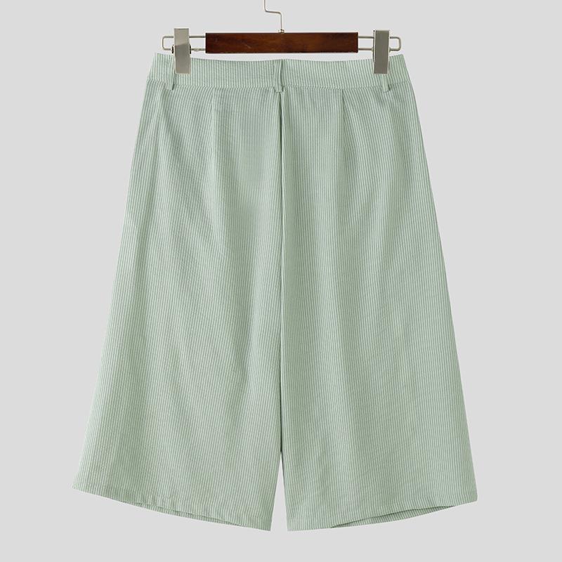 INCERUN Men Zipper Casual Loose Striped Wide Leg Capri Pants Shorts