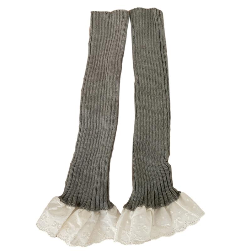 Ribbed Knitted Vertical Striped Leg Warmers Boot Cuffs Cute Ruffled Lace Hem Leg Covers Over Calf Long Socks for Women