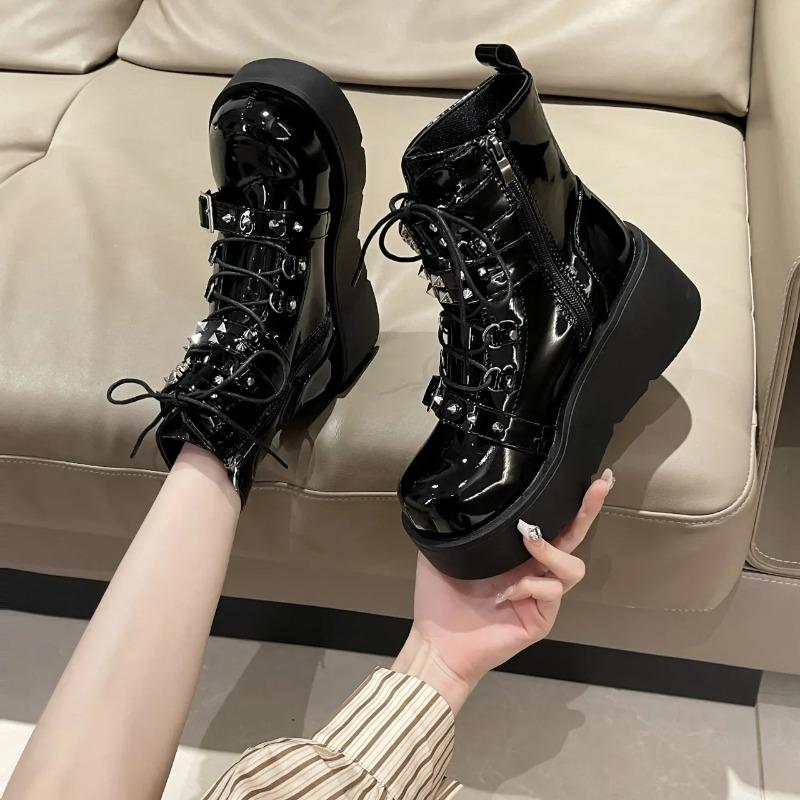 Fashion Punk Style Thick Bottom Motorcycle Boots Women's Platform Gothic Shoes Round Toe High Heel Ankle Booties Rubber Outsole