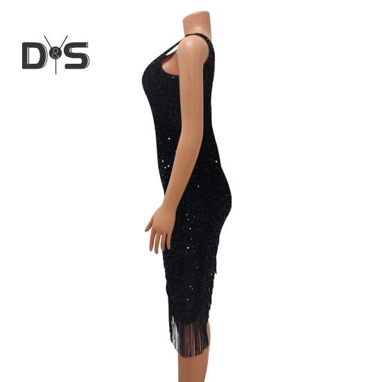 Women Evening Dress Slant Tassel Hem Sequin One Sloping Shoulder Sleeveless Bodycon Party Wedding Cocktail Clubwear Midi Dress