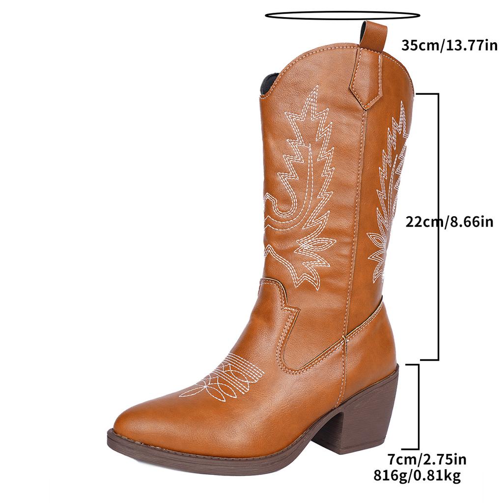 Fashion Women's Mid-calf Boots European American Style Embroidered Pointed Leather Boot Classic Western Cowboy Boots Women Knight Boots