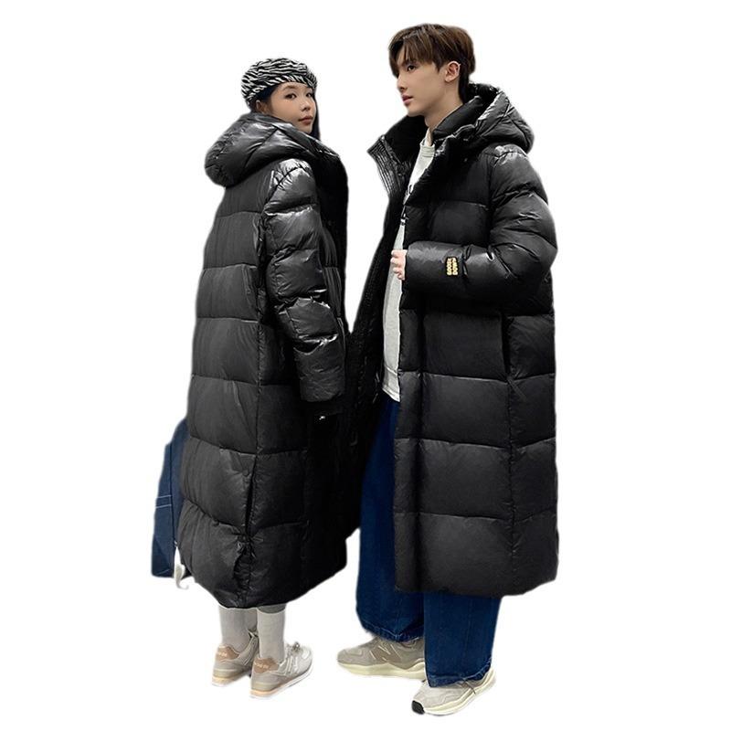 Black and Gold Long Over-the-knee Eight-lattice Down Jacket for Men and Women with Hood and Velvet Thickened White Goose Down Jacket