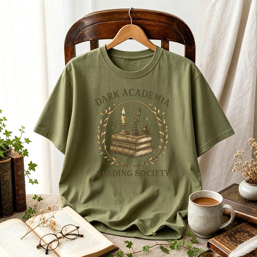 Women Dark Academia Reading Society Vintage Book Quill Candle Wreath TShirt Book Lover Retro Literary Cottagecore Casual Tops