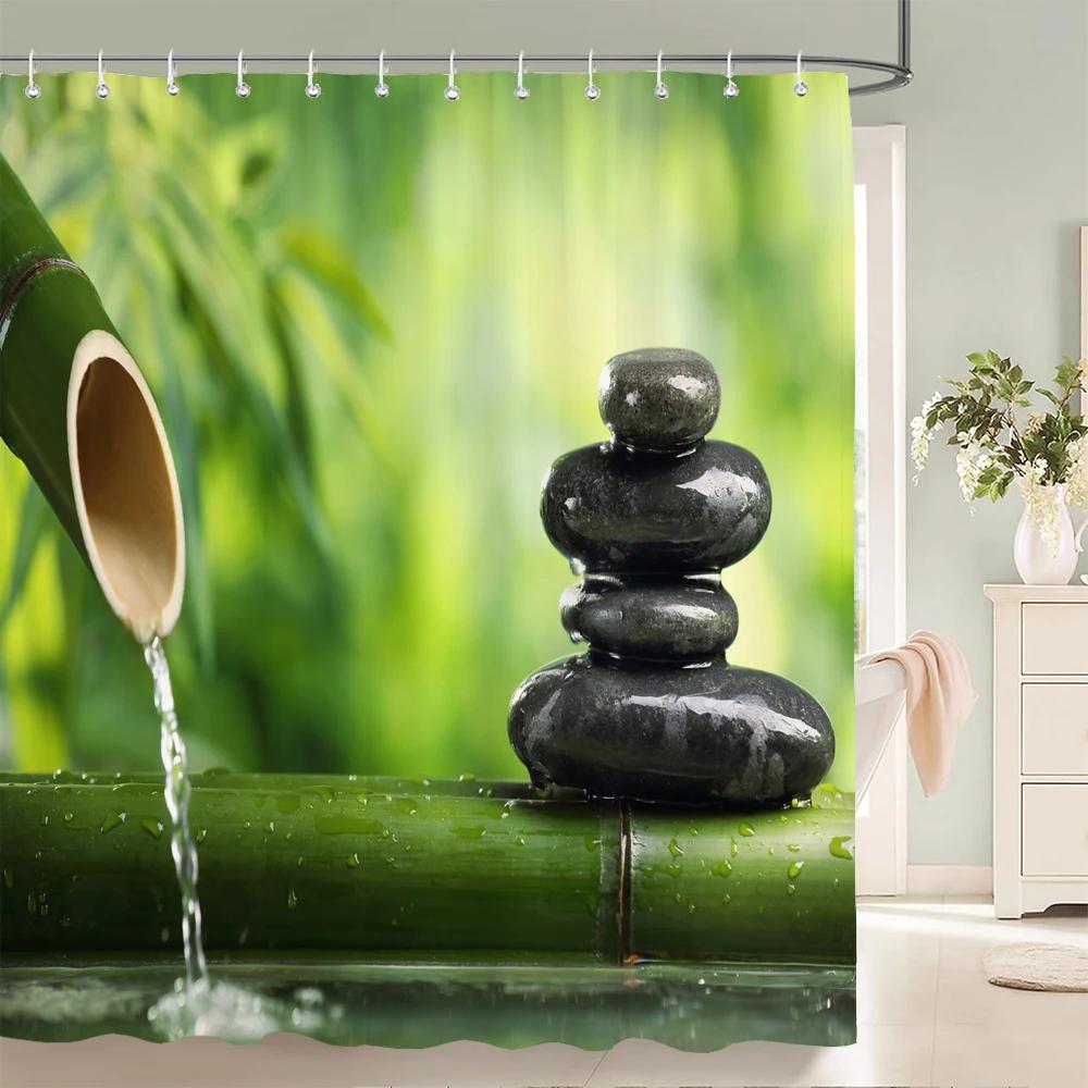 3D Flower Bamboo Pebble Water Green Plant Shower Curtain Waterproof Polyester Curtain Home Decoration