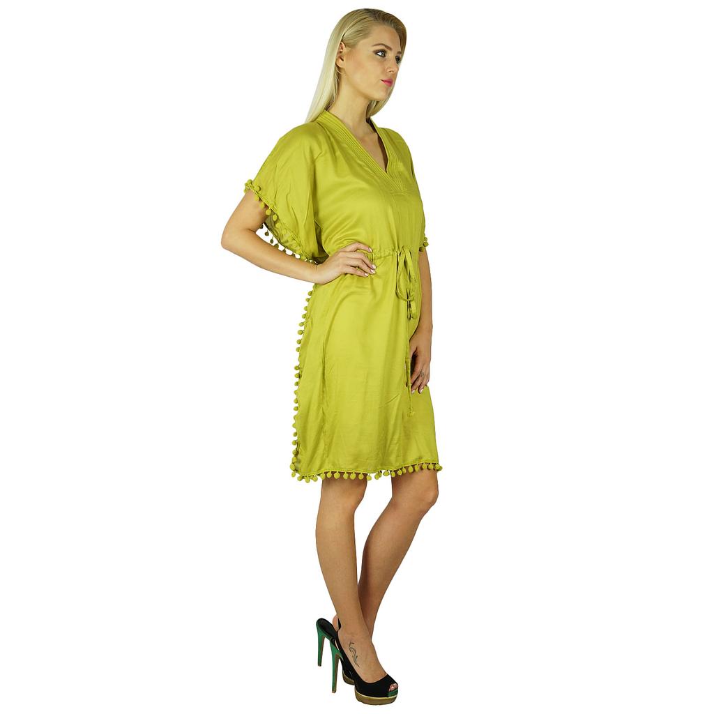 Bimba Women Cotton Kaftan With Pom Pom Tassels Short Caftan Beach Coverup