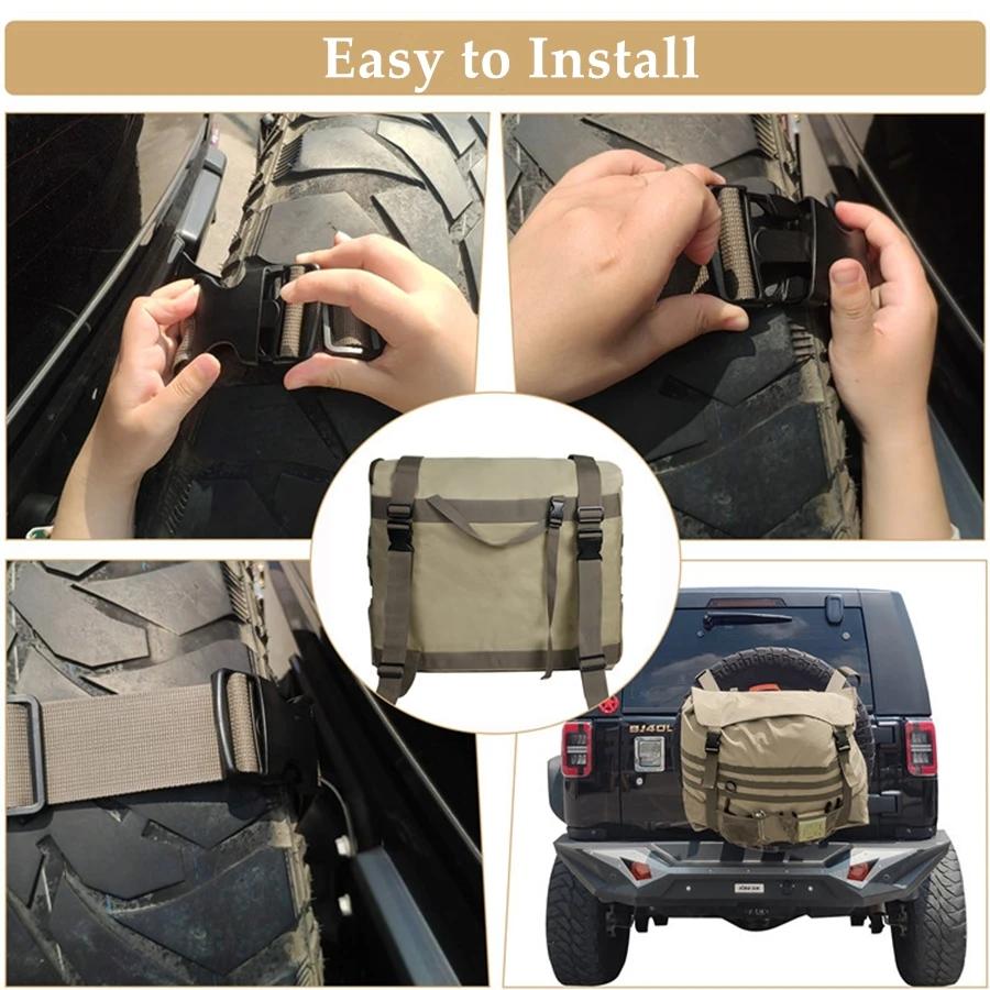Khaki Large Capacity Outdoors Spare Tire Tool Storage Bag Trash Bag SUV Trunk Organizer for Outdoor Off-Road Recovery Gear