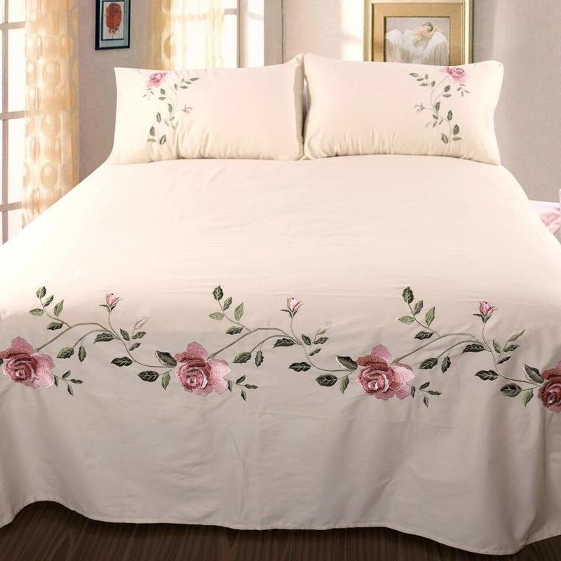 WOSTAR Rose Flora Embroidery Design Flat Bed Sheet Solid Colour Cotton Twill Linen Bedding Luxury Home Textiles Queen King Size