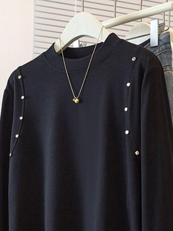 Plus Size Women's Velvet Long Sleeve Top - Half-High Neck, Loose Fit, Stylish Flaw Cover, Autumn/Winter Collection
