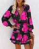 Trendy Women's Print V-Neck Waist-Cinching Dress with Long Sleeves