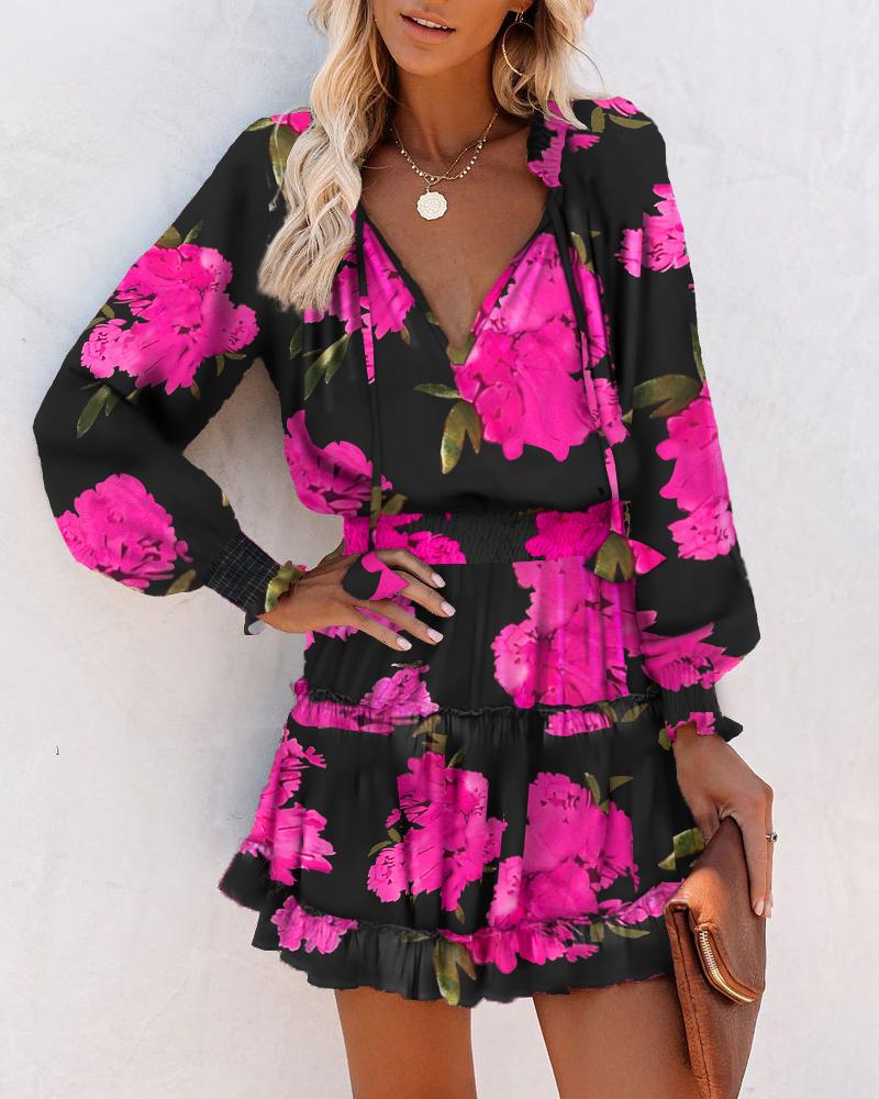 Trendy Women's Print V-Neck Waist-Cinching Dress with Long Sleeves