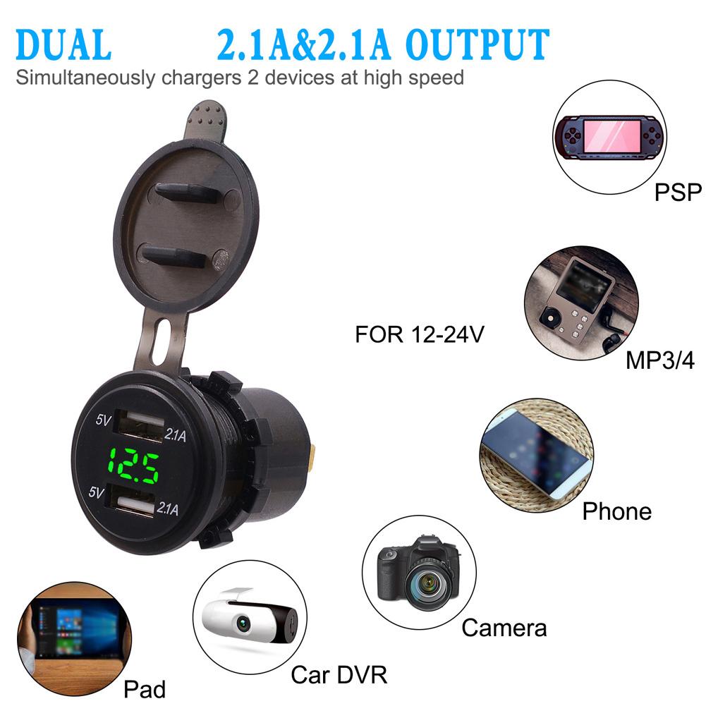 Waterproof Dual USB Phone Charging 4.2A Charger LED Digital Display Voltmeter with 23.6in LineGreen DC12 24V