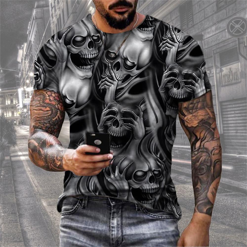 New Men's T-Shirts 3D Skull Printed Black Streetwear Short Sleeve Round-Neck Horror Halloween Man Tops Loose Fashion Gothic Tees