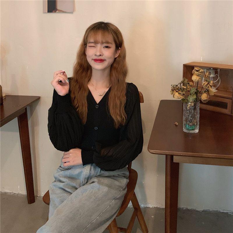 Women's White V-Neck Long-Sleeved Knit Cardigan with Lantern Sleeves - New Korean Autumn/Winter Style