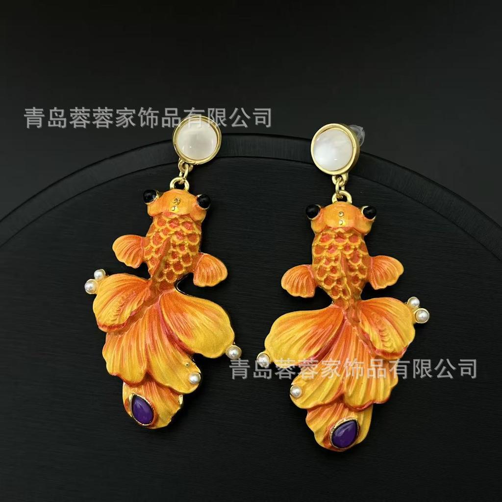 Medieval Jewelry New Chinese Goldfish Koi China-Chic Earrings Traditional Classical Style Delicate Pearl