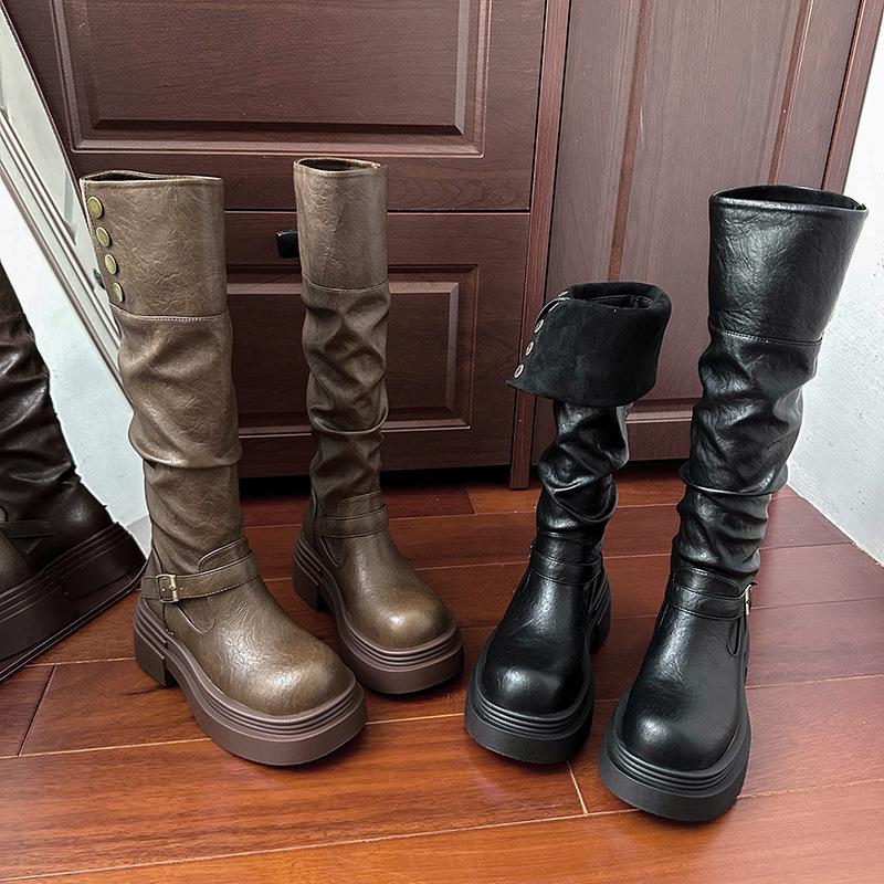 British style black long tube stacking boots women's 2025 new autumn and winter thick-soled heightening western knight boots Martin boots