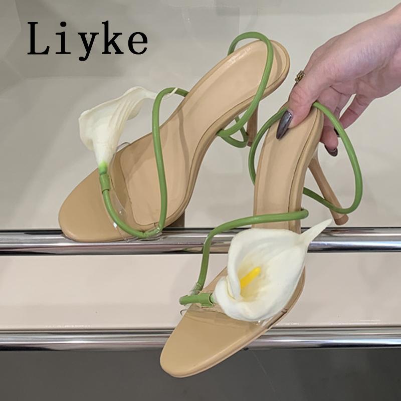 Fashion Liyke Yellow Green Back Strap Women Sexy Slingback Sandals Fashion Open Toe Morning Glory Design High Heels Party Dress Shoes