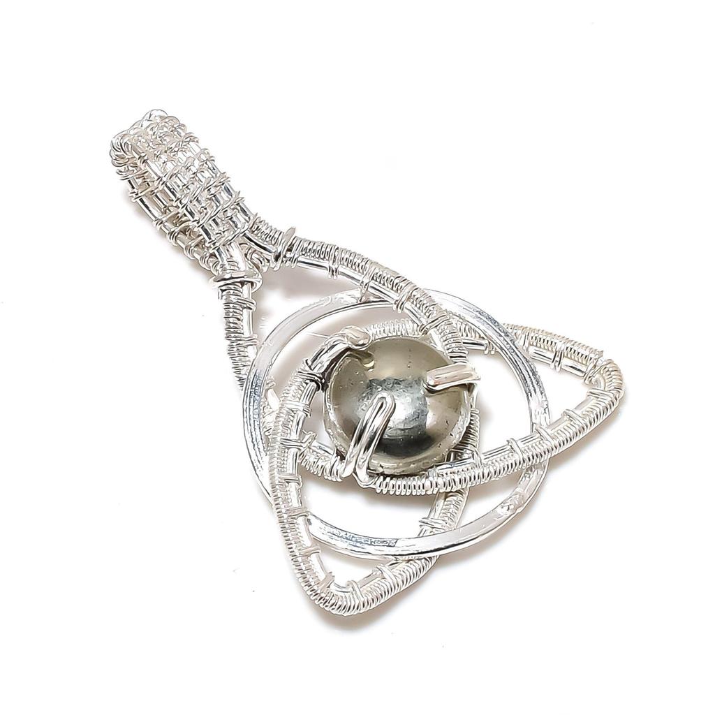Natura Golden Apache Pyrite Gemstone Silver Pendant In 925 Sterling Silver- Handmade Design, Celtic Family Knot Wire Wrapped Everyday Jewelry, Gifts