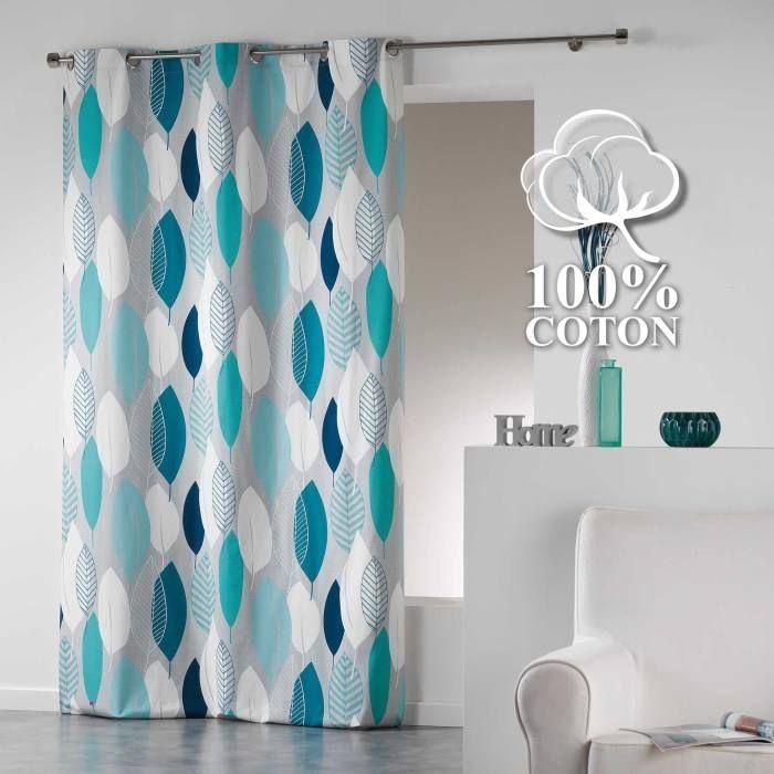 Rideau À Œillets – 140 X 240 Cm – Coton Imprimé Leafy Bleu
