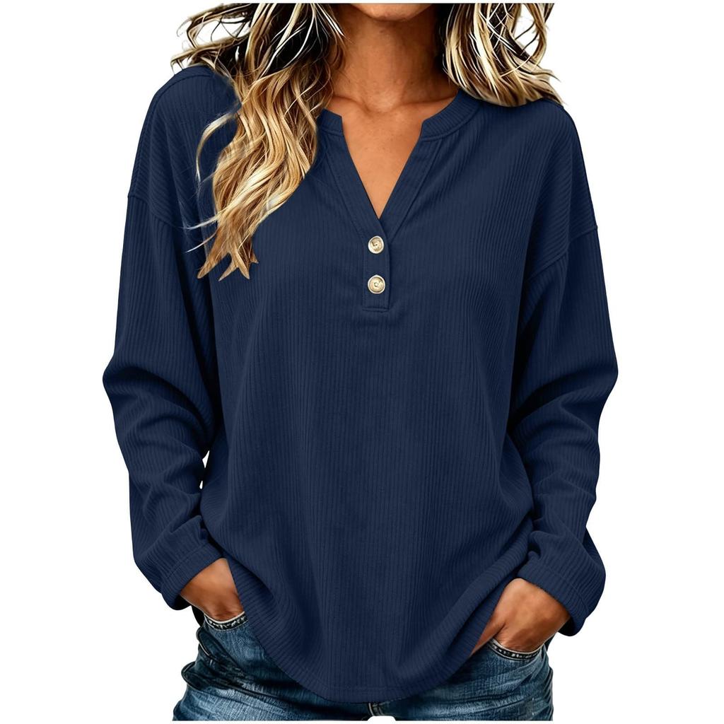 Women's Color V-Neck Long Sleeve Loose Fit Top for Casual Everyday Wear