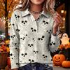 Women's Casual Long Sleeve Knit Top with Halloween Print and Turn-Down Collar