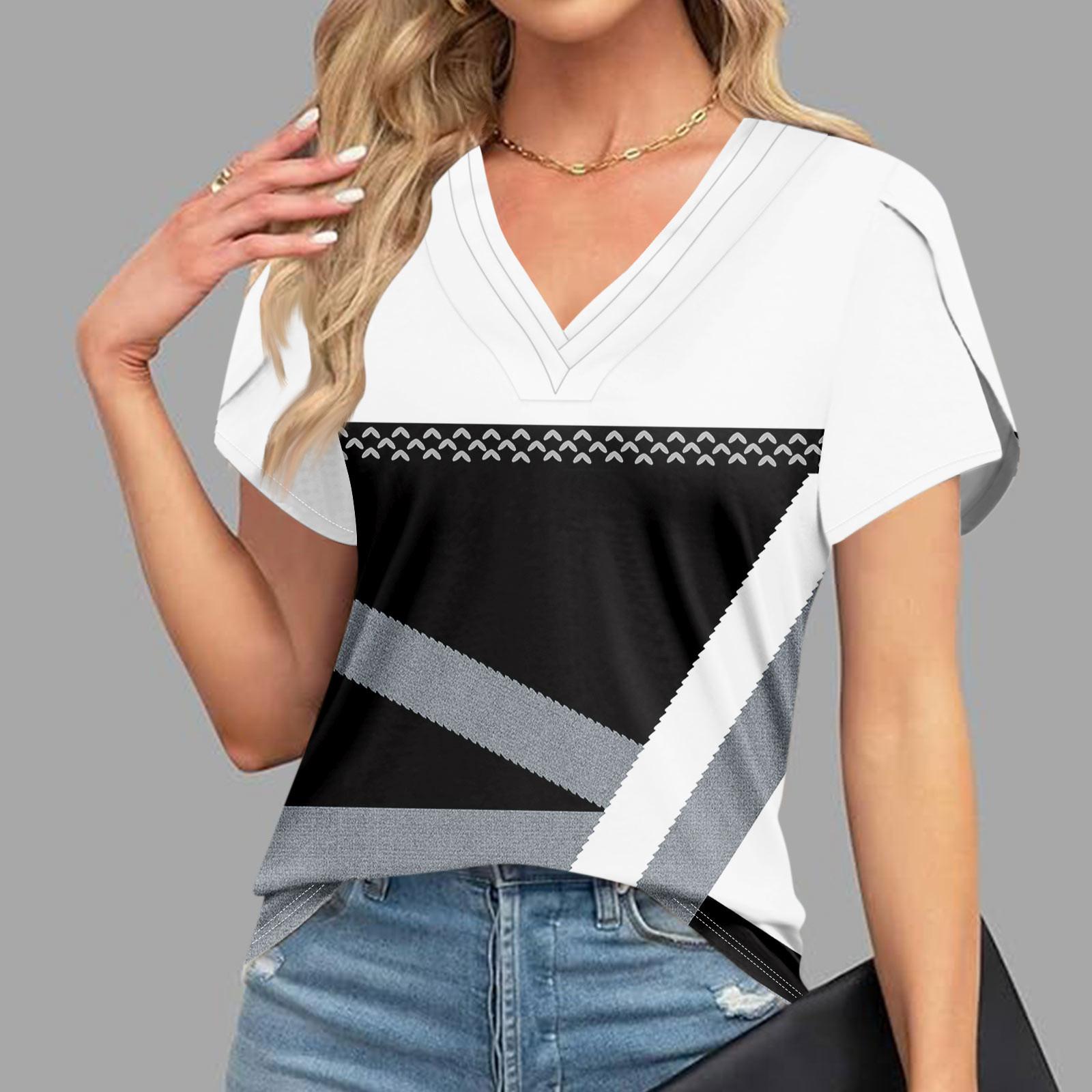 

Блузки для жінок Одягнений повсякденний, модний принт, короткий рукав, ретро-принт, футболка Унікальний дизайн, V-подібний виріз, великі футболки XL білий