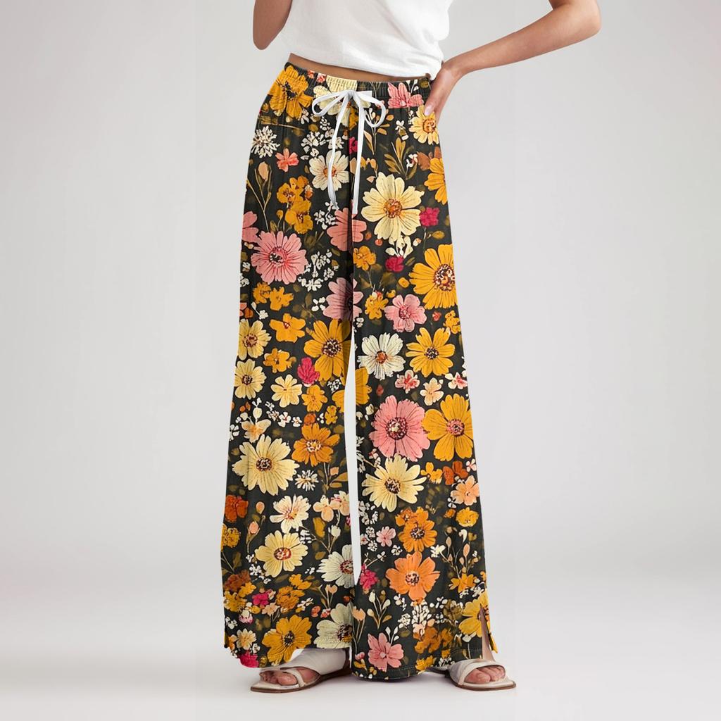 Women's Loose Casual Floral Print Wide Leg Pants With Elastic Waist Drawstring And Pocket Pants